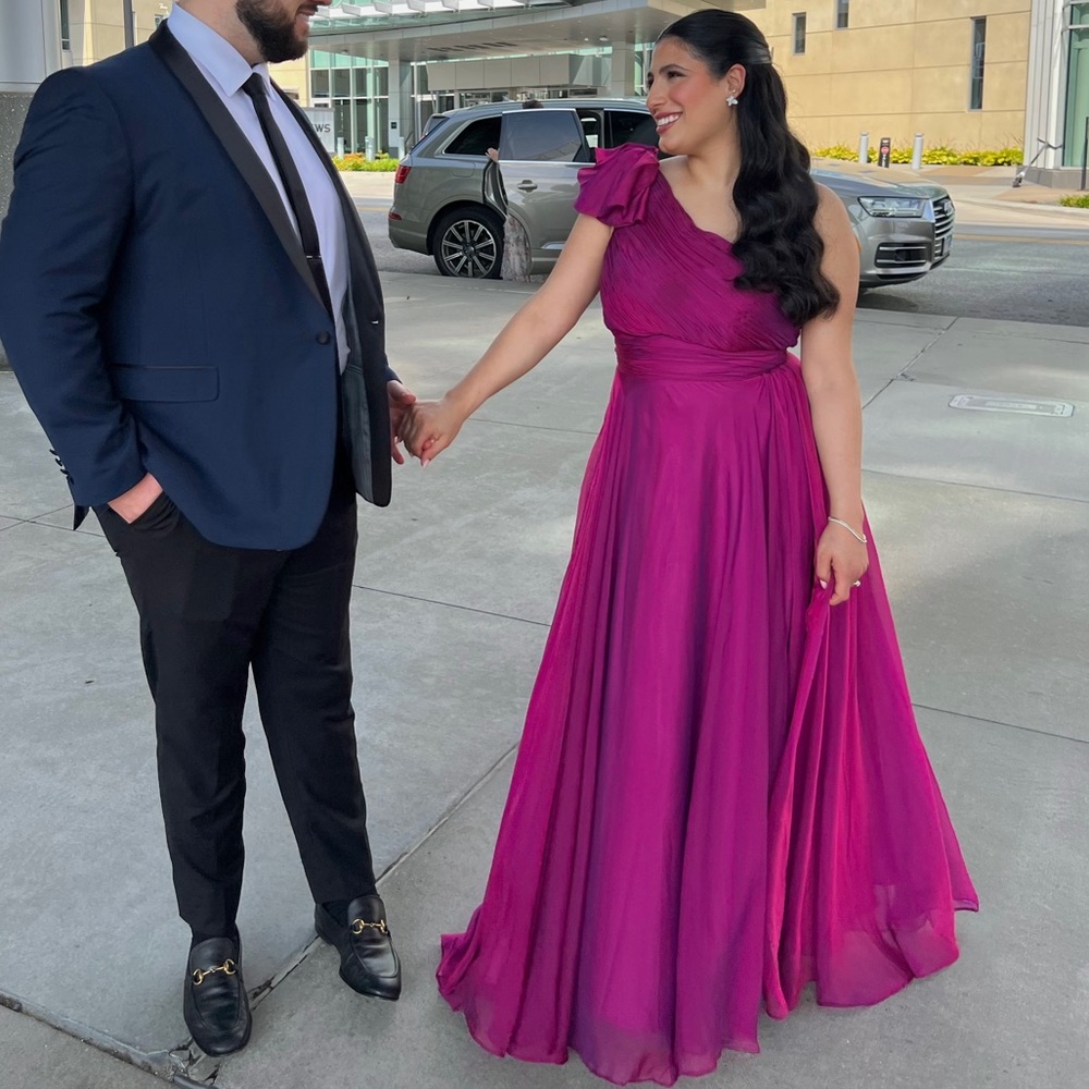 Mac Duggal Pleated One Shoulder Chiffon Gown